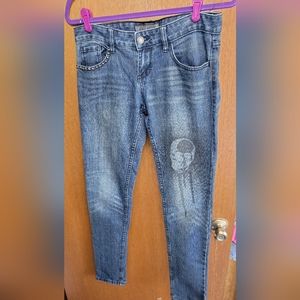 💀Very Unique Dark Denim Low-rise Skull-Imprint Jeans with Light Whiskering💀